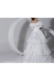 Satin Scoop Neckline Cathedral Train Ball Gown with Handmade Flowers