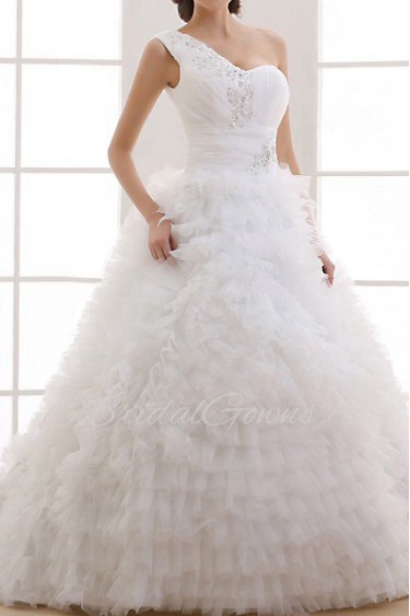 Tulle One Shoulder Cathedral Train Ball Gown with Handmade Flowers