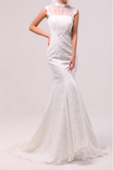 Lace Jewel Neckline Mermaid Gown with Sequins