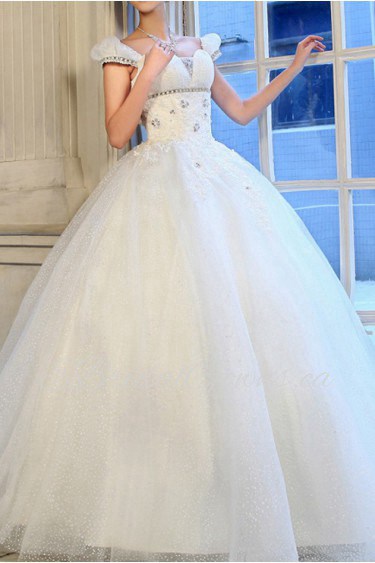 Organza Off-the-Shoulder Floor Length Ball Gown with Sequins