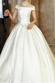 Satin Off-the-Shoulder Floor Length Ball Gown with Pearls