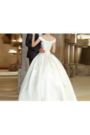 Satin Off-the-Shoulder Floor Length Ball Gown with Pearls