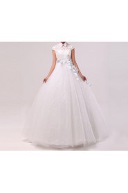 Tulle Jewel Neckline Floor Length Ball Gown with Handmade Flowers