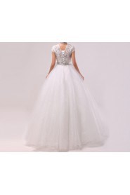 Tulle Jewel Neckline Floor Length Ball Gown with Handmade Flowers