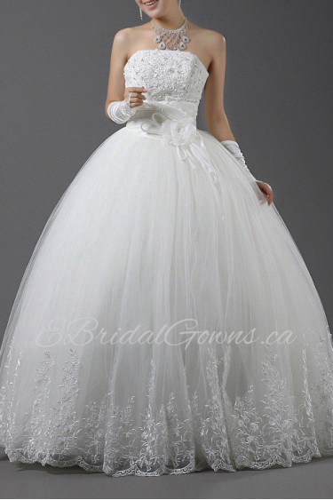 Organza Strapless Floor Length Ball Gown with Handmade Flowers