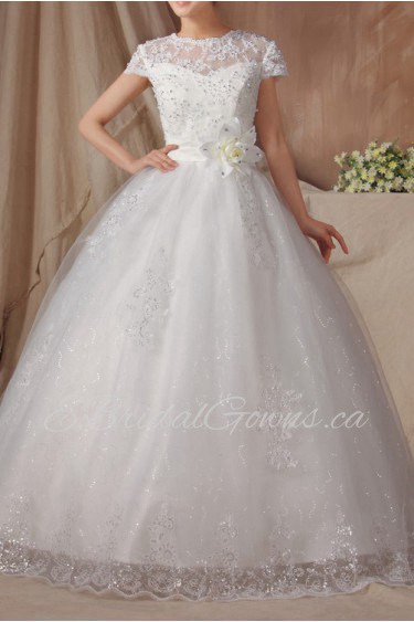 Organza Jewel Neckline Floor Length Ball Gown with Handmade Flowers