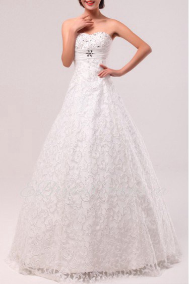 Lace Scoop Neckline Floor Length A-line Gown with Crystal