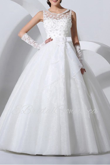 Satin Jewel Neckline Floor Length Ball Gown with Handmade Flowers