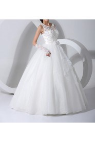 Satin Jewel Neckline Floor Length Ball Gown with Handmade Flowers