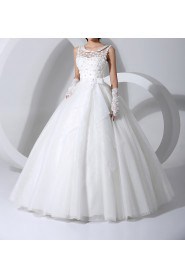 Satin Jewel Neckline Floor Length Ball Gown with Handmade Flowers