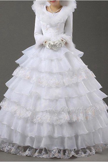 Satin Jewel Neckline Floor Length Ball Gown with Handmade Flowers