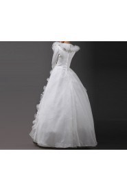 Satin Jewel Neckline Floor Length Ball Gown with Handmade Flowers