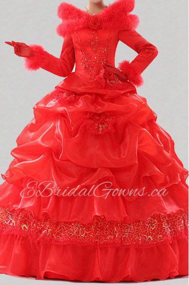 Satin Jewel Neckline Floor Length Ball Gown with Handmade Flowers