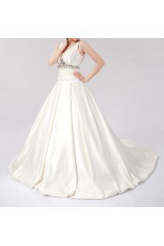 Satin V-neck Ball Gown Dress with Crystal