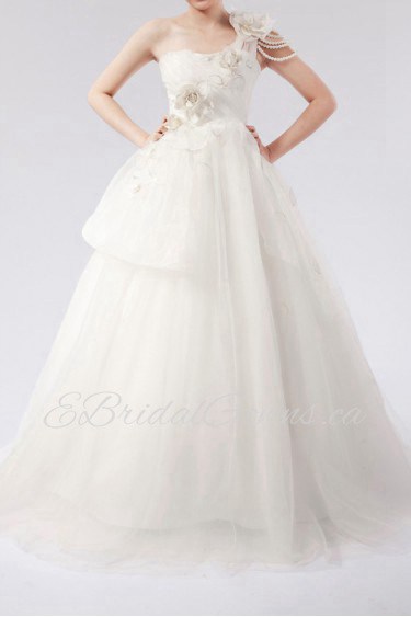 Net One Shoulder Floor Length Ball Gown Dress with Handmade Flowers