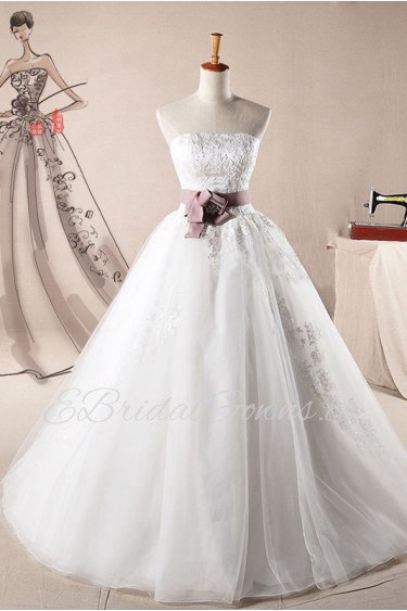 Lace Strapless Floor Length Ball Gown Dress with Handmade Flowers