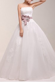 Lace Strapless Floor Length Ball Gown Dress with Handmade Flowers