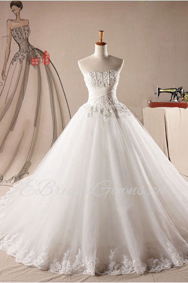 Net Strapless Ball Gown Dress with Pearls