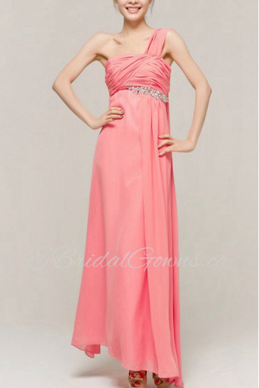 Chiffon One Shoulder Ankle-Length Empire Dress with Crystal