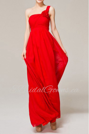 Chiffon One Shoulder Ankle-Length Empire Dress with Handmade Flowers