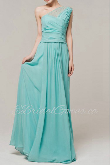 Chiffon One Shoulder Floor Length Empire Dress with Beading