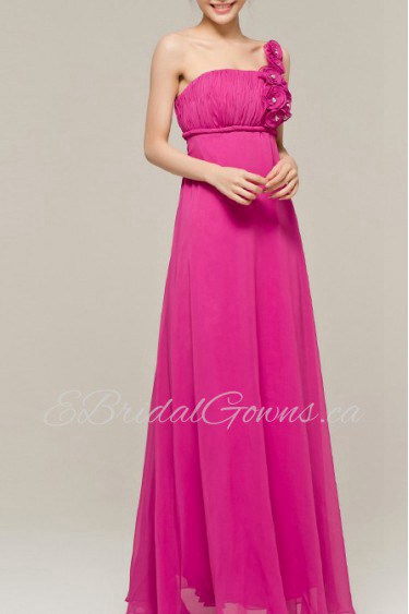 Chiffon One Shoulder Floor Length A-line Dress with Handmade Flowers