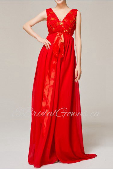 Chiffon V-neck Floor Length Empire Dress with Sequins