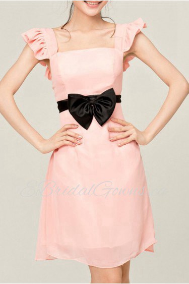 Chiffon Square Neckline Short A-line Dress with Bow