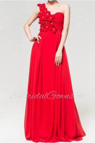 Chiffon One Shoulder Floor Length Empire Dress with Handmade Flowers