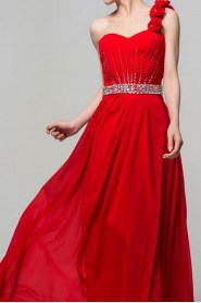 Chiffon One Shoulder Floor Length A-line Dress with Crystal