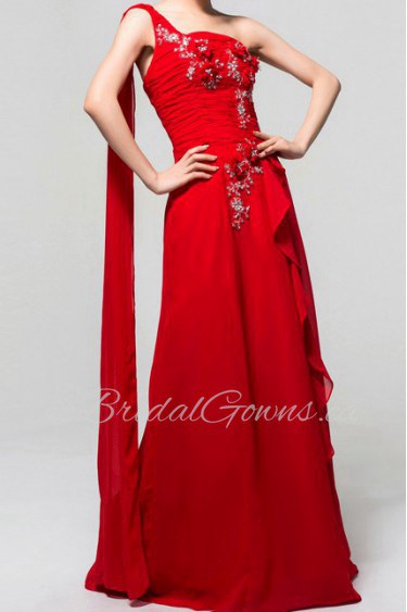 Chiffon One Shoulder Floor Length A-line Dress with Handmade Flowers