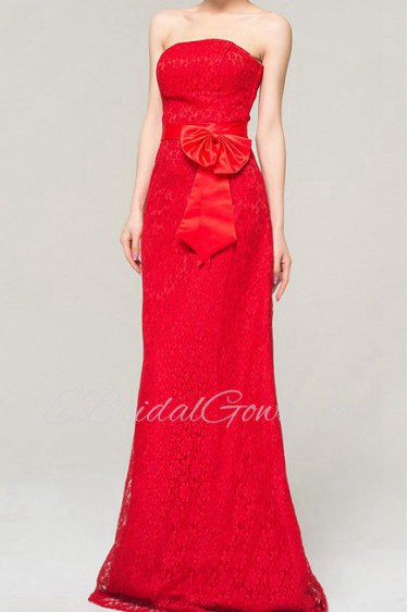 Lace Strapless Floor Length Sheath Dress with Handmade Flowers