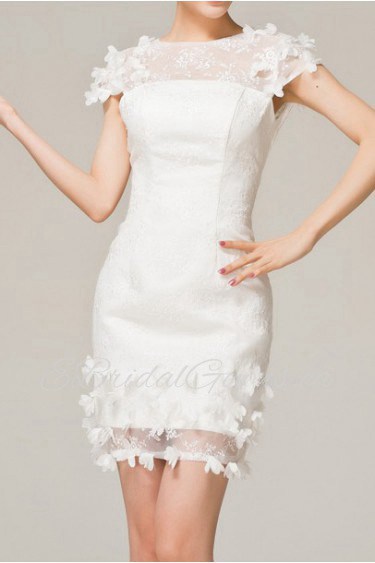 Lace Jewel Neckline Short Dress with Handmade Flowers