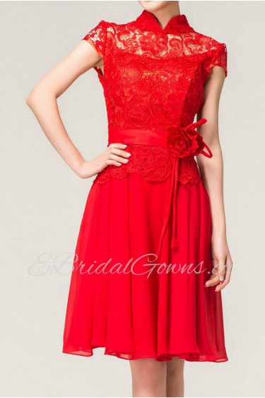 Chiffon High Collar Neckline Short Corset Dress with Handmade Flowers