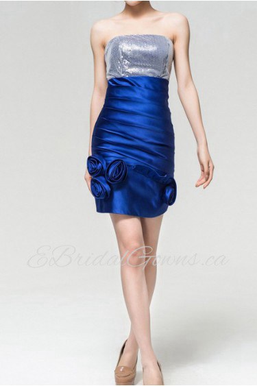 Satin Strapless Short Dress with Handmade Flowers