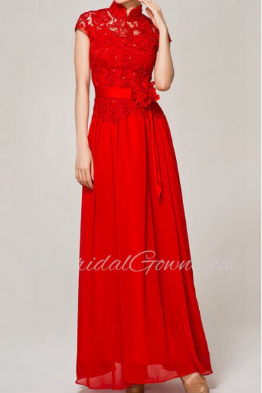 Lace High Collar Neckline Floor Length A-line Dress with Handmade Flowers