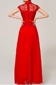 Lace High Collar Neckline Floor Length A-line Dress with Handmade Flowers