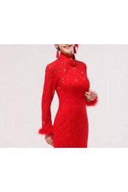 Lace High Collar Neckline Ankle-Length Mermaid Dress with Embroidered