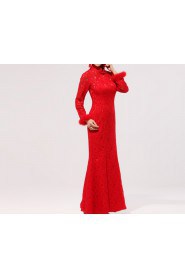 Lace High Collar Neckline Ankle-Length Mermaid Dress with Embroidered