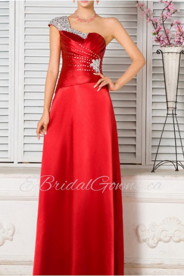 Satin One Shoulder Ankle-Length A-line Dress with Crystal