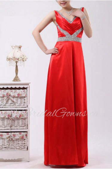 Satin V-neck Floor Length Empire Dress with Sequins