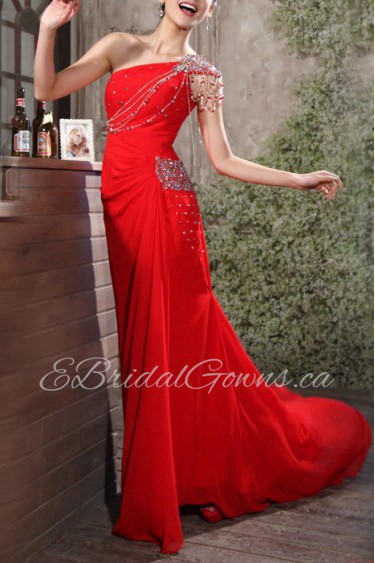 Chiffon One Shoulder Sheath Dress with Sequins