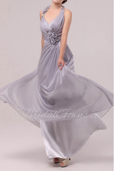 Satin and Chiffon Halter Floor Length A-line Dress with Sequins