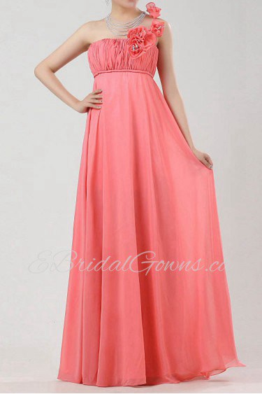 Chiffon One Shoulder Floor Length Empire Dress with Handmade Flowers