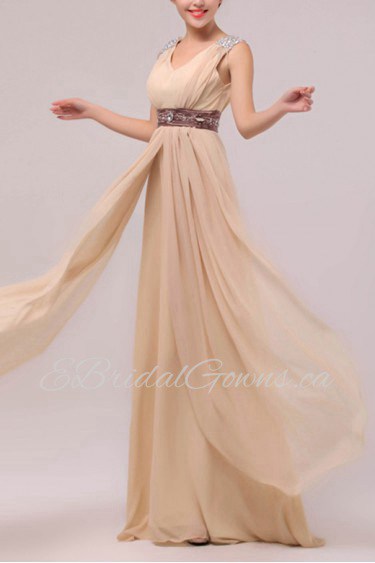 Chiffon V-neck Floor Length Empire Dress with Sequins