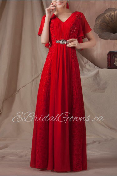 Chiffon and Lace V-neck Floor Length A-line Dress with Sequins