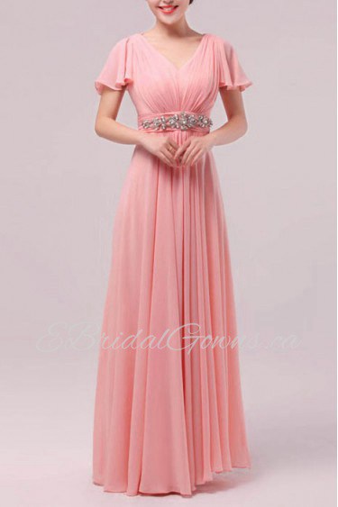 Chiffon V-neck Floor Length Empire Dress with Crystal