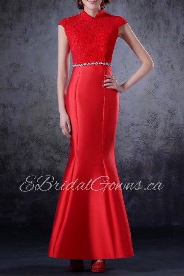 Satin High Collar Neckline Ankle-Length Mermaid Dress with Crystal