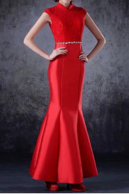 Satin High Collar Neckline Ankle-Length Mermaid Dress with Crystal