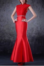 Satin High Collar Neckline Ankle-Length Mermaid Dress with Crystal